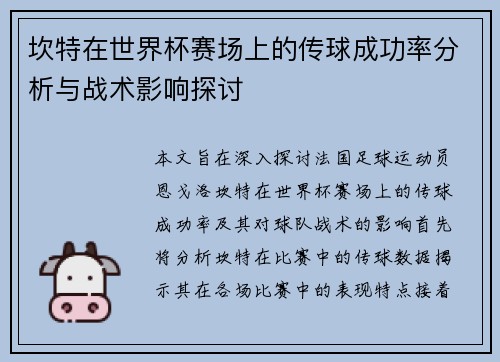 坎特在世界杯赛场上的传球成功率分析与战术影响探讨